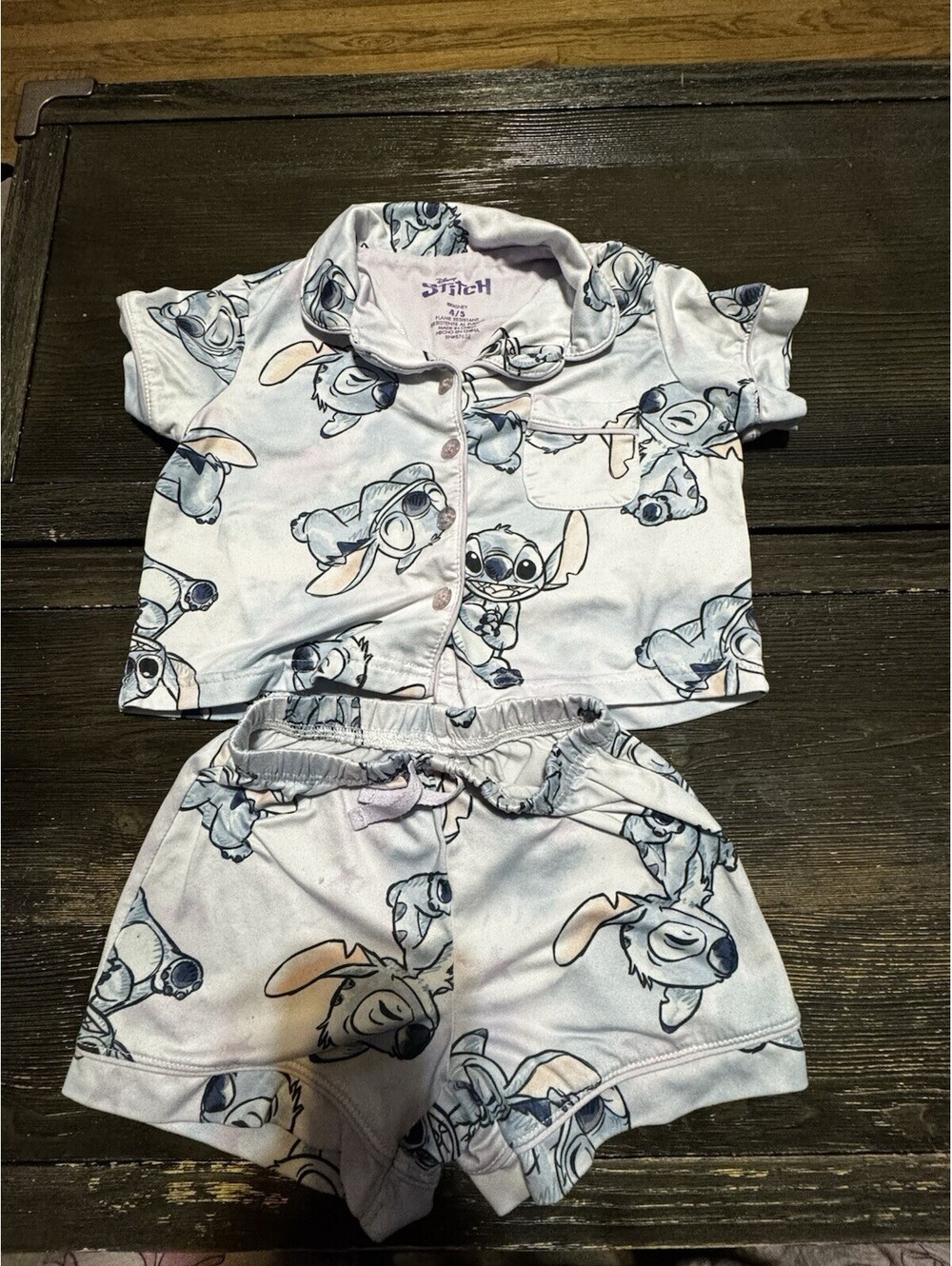 Disney Stitch Girls Pajama Set Size 4/5 Blue Pink Button Up Shirt Shorts 2PC
